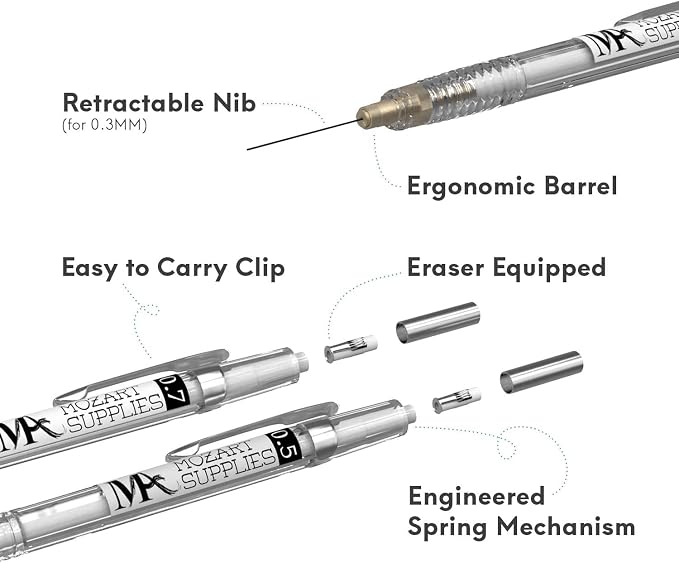 MozArt Mechanical Pencil Set 4 Sizes 0.3 0.5 0.7 0.9mm HB Lead Clear | 30 HB Lead & Eraser Refills – Sketch, Drafting, Art & Drawing for Artists, Students & Architects – Clear Transparent Body