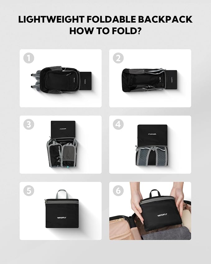 WATERFLY Small Packable Travel Backpack: 15L Lightweight Hiking Daypack | 0.59 lb,Water-Resistant Nylon,Breathable Straps,Reflective Strips,Phone Pocket,Multi-Pockets,Hiking,Cycling,Commute,Men Women