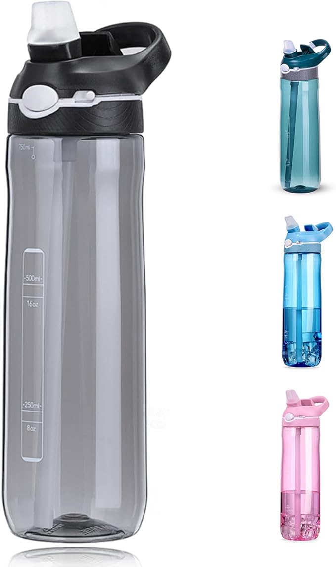DEARART 24oz Water Bottles With Straw, Leakproof BPA FREE Hidden Nozzle, Flip Up Lid Clear Bottle With Handle Easy Clear, Suit Office Sports Travel Gym Yoga, Black
