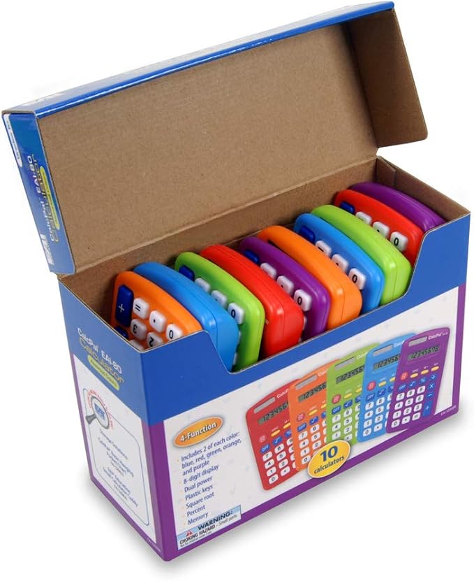 EAI Education CalcPal EAI-80 Basic Solar Calculator, Dual-Power for School, Home or Office: Assorted Colors - Set of 10