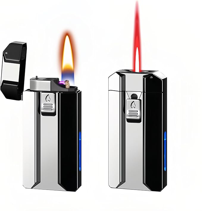 Smart Dual-Fuel Dual-Flame Lighter, Windproof Red Butane Torch & Kerosene Soft Flame, Arc Induction Ignition, Multiple Ignition Modes, Refillable & Rechargeable Lighters (Fuel Not Included)