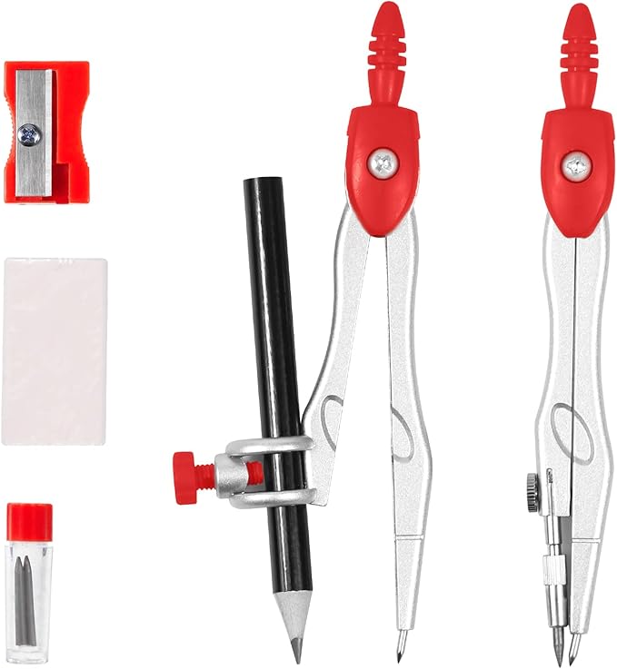 Vobou 10 Pieces Math Geometry Kit Set Student Supplies with Shatterproof Storage Box,Includes Rulers,Protractor,Compass,Eraser,Pencil Sharpener,Lead Refills,Pencil,for School and Drawings（Red）