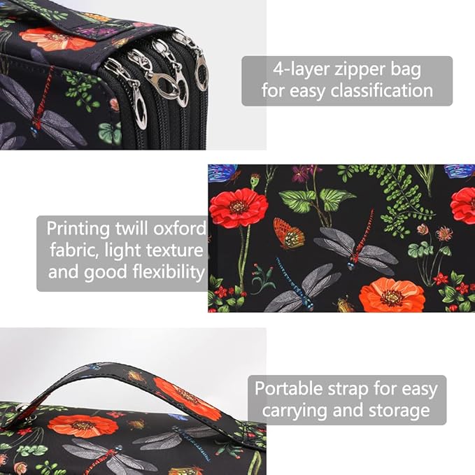 Vomgomfom 200 Slots Pencil Bag, 4-Layer Zipper Portable Art Supply Organizer, PU Leather Large Capacity Colored Pencil Case with Handle for 200 Watercolor Pens, Gel Pens (Black)
