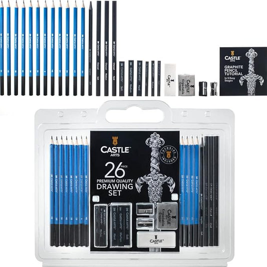Castle Art Supplies 26 Piece Drawing and Sketching Art Set: Perfect for Beginners, Kids or Any Aspiring Artist - Includes Graphite Pencils and Sticks, Charcoal Pencils, Erasers and Sharpeners, Adult