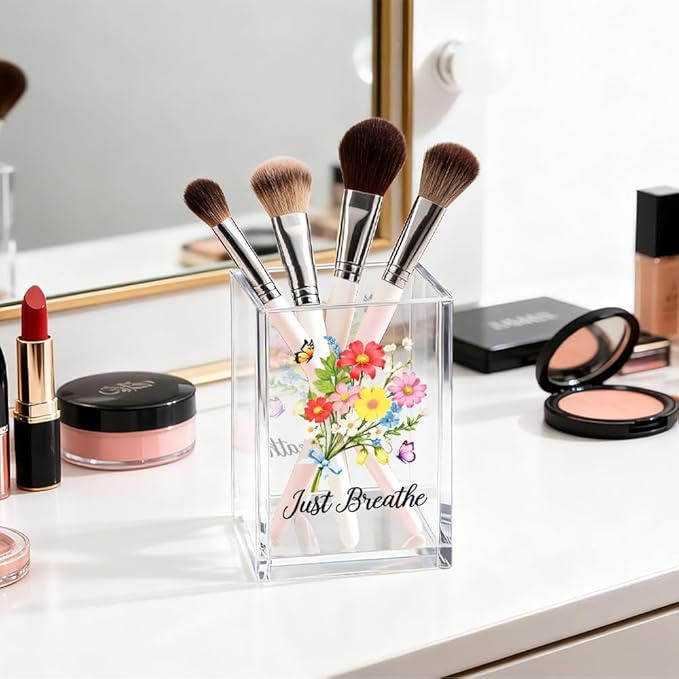 Just Breathe Acrylic Cosmetic Organizer Pen Holder, Motivational Acrylic Desk Holder Cup for Pen Pencil, Inspirational Office Gifts for Coworker Leader, Mental Health Gifts for Anxiety Friend