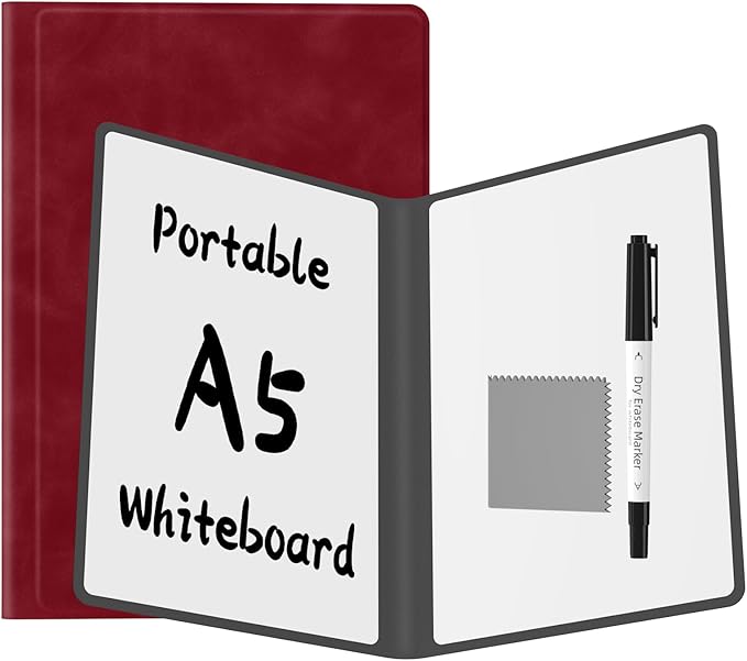 Portable Dry Erase Board,Reusable Whiteboard Notebook, Double-Sided White Board PU Cover 9.5"x6.6" with Marker,Wipe Cloth (Red)