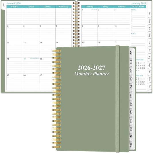 2026-2027 Monthly Planner - 18 Monthly Calendar, January 2026 - June 2027, Two Pages Per Month, 9" x11" Planner with Tabs, Strong Twin-Wire Binding, Inner Pocket, Green