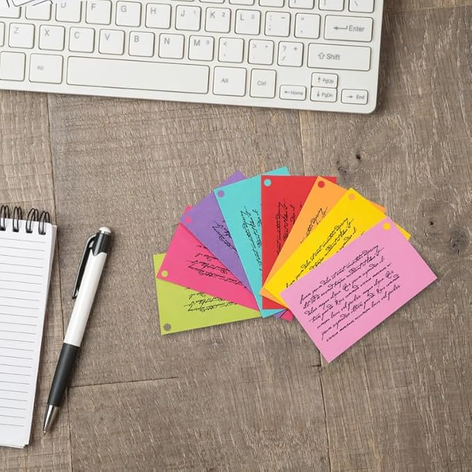 Debra Dale Designs - 560 Small Blank Study Flash Cards - Single Hole Punched - 5 Rings - 3-1/2" x 2" - 8 Bright Cardstock Colors - 70 Each Color - Premium Heavy 100# Cover Card Stock