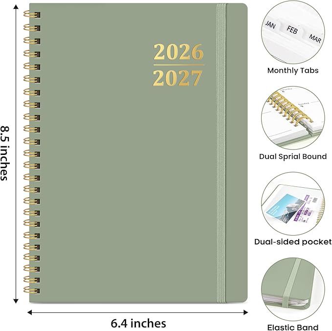 Academic Planner 2026-2027, Weekly and Monthly Calendar Planner Book, July 2026 – June 2027, Hardcover Organizer with Tabs, Perfect for Teachers, Students, Women & Men, A5 (6.4" x 8.5") - Green
