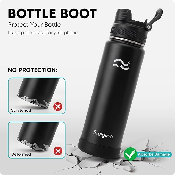 Swigina Insulated Water Bottle with Silicone Boot (36hrs Cold/18hrs Hot) - DIY Stickers, Leakproof, BPA Free, Black, 24 oz [2-IN-1 LID]