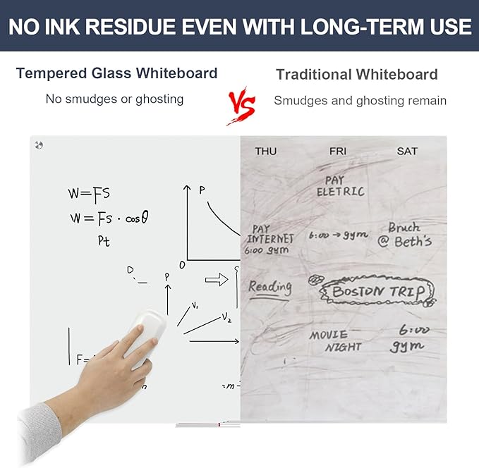 TANKEE Glass Whiteboard, 48 x 36 Inches Magnetic Glass Dry Erase Board for Wall, Large Frameless White Board for Office School Home Classroom