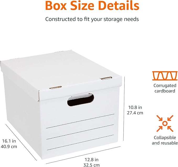 Amazon Basics Medium Duty Storage/Filing Boxes with Lid and Handles, Legal/Letter Size, Collapsible, Foldable, Tape-Free Assembly, 16.2" L x 12.5" W x 10.5" H, White, 12-Pack