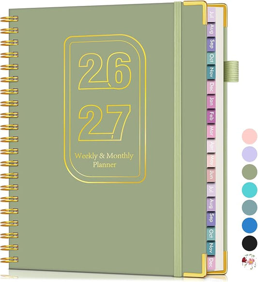 Academic Planner 2026-2027, 18 Months Weekly and Monthly Hardcover Planner, July 2026 - December 2027, 8.5" x 11" A4 Large Daily Calendar Planner Book with Tabs, Spiral College School Agenda Organizer for Student Teacher, Green