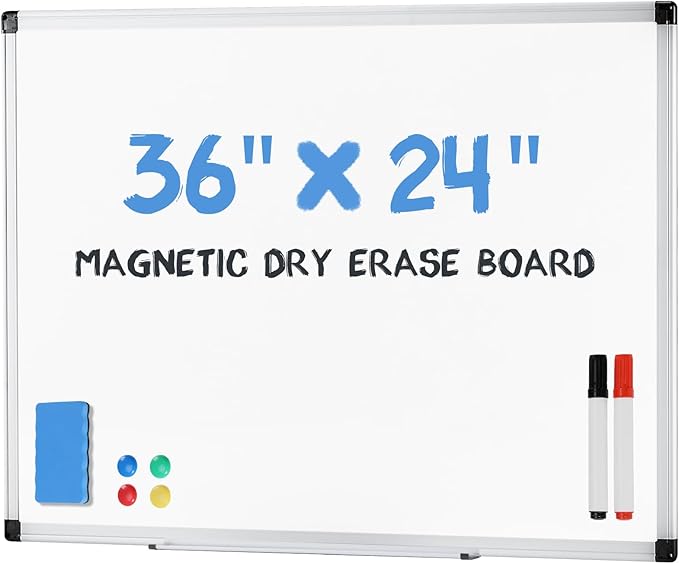NEWBULIG White Board, 36" x 24" Magnetic Dry Erase Board for Wall with 1 Dry Eraser & 2 Multi-Color Markers & 4 Magnetic Pins, Silver Aluminum Frame for Office, Home, School, White