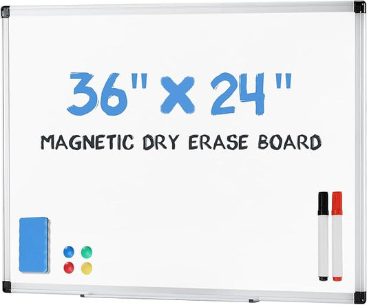 NEWBULIG White Board, 36" x 24" Magnetic Dry Erase Board for Wall with 1 Dry Eraser & 2 Multi-Color Markers & 4 Magnetic Pins, Silver Aluminum Frame for Office, Home, School, White