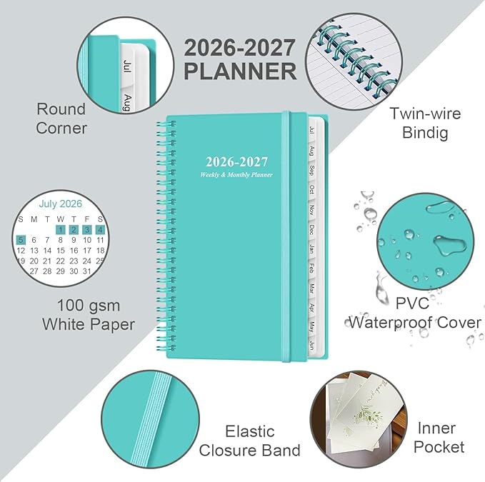 2026-2027 Pocket Planner/Calendar - 2026-2027 Planner from July 2026 - June 2027, Planner 26-27 with 12 Tabs, Twin-Wire Binding, Inner Pocket, 3.75" x 6.75, Teal