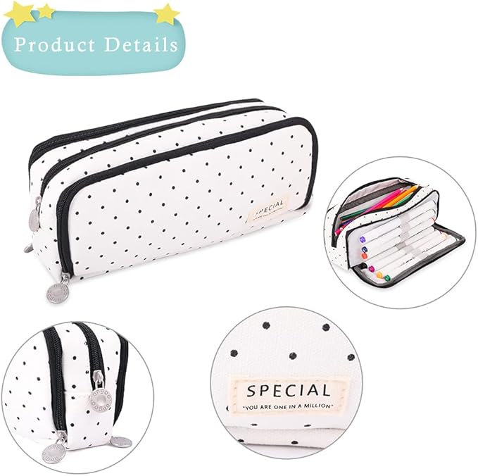 iSuperb Large Pencil Case Big Capacity Pencil Pouch 3 Compartments Pen Bag Canvas Marker Pen Bag for Teen Boys Girls School Students (Black Polka Dot)
