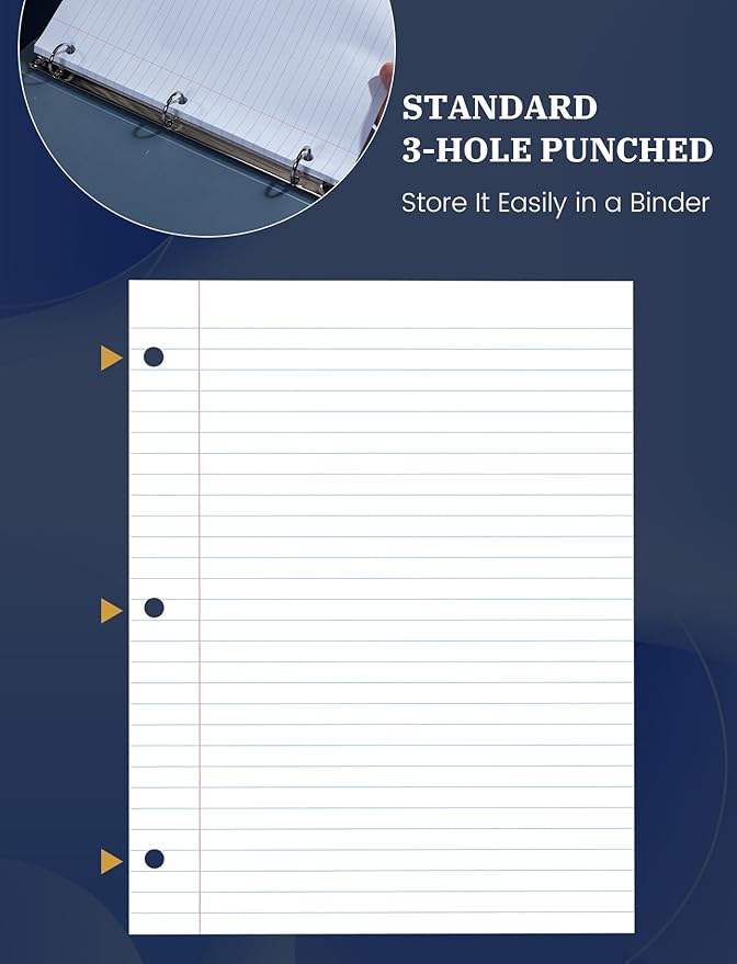 Loose Leaf Paper, 300 Sheets Filler Notebook Paper, 3-Hole Punched Binder Papers 8-1/2 x 11 In, Wide Ruled Lined Paper 8.5 x 11 for 3 Ring Binder, White, 3 Pack, 100 Sheets/Pad