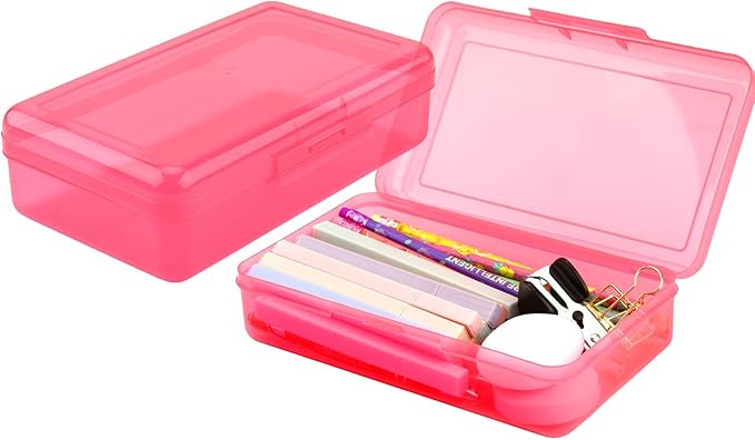 Pencil Box, Plastic Clear Pencil Case, 1 Pack Large Capacity Hard Pencil Case, Clear Crayon Box with Snap-tight Lid Stackable Design, Plastic Storage Box for Office Supplies, Pink Style 2
