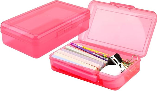 Pencil Box, Plastic Clear Pencil Case, 1 Pack Large Capacity Hard Pencil Case, Clear Crayon Box with Snap-tight Lid Stackable Design, Plastic Storage Box for Office Supplies, Pink Style 2