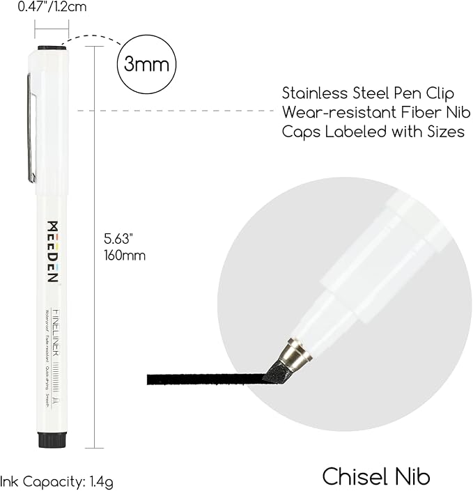 MEEDEN Micro Fineliner Drawing Pens: 3mm Chisel Nib, 6 Pack, Black Ink