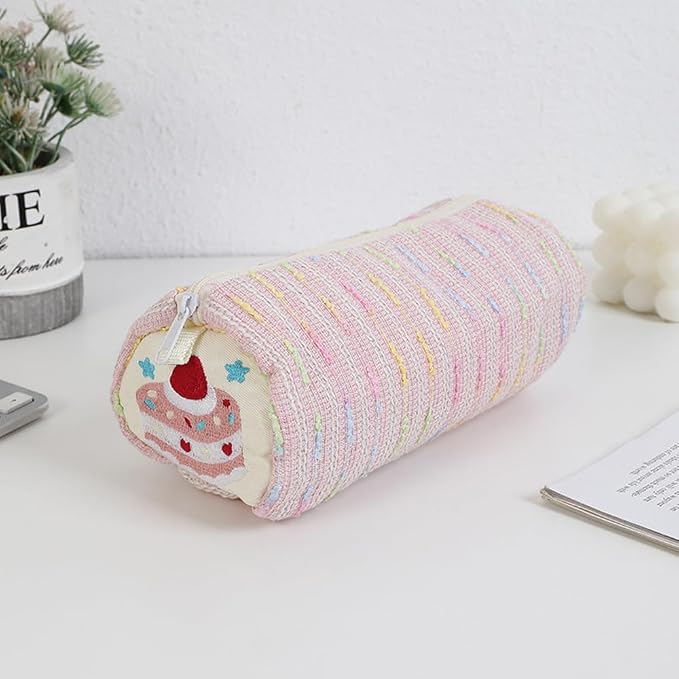 Cute Striped Pencil Case for Girls Large Capacity Aesthetic Pen Pouch with Zipper Stationery Organizer Bag for School Office Durable Pencil Box for Teens Students Women Kids (Cylinder-Pink)