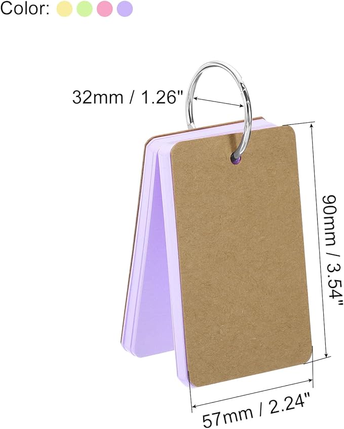 PATIKIL Blank Index Cards with Ring, 200Pcs Colored Blank Flash Card 3.5" x 2" Note Card Study Card for Memory Learning Studying Office Supplies, Assorted Colors