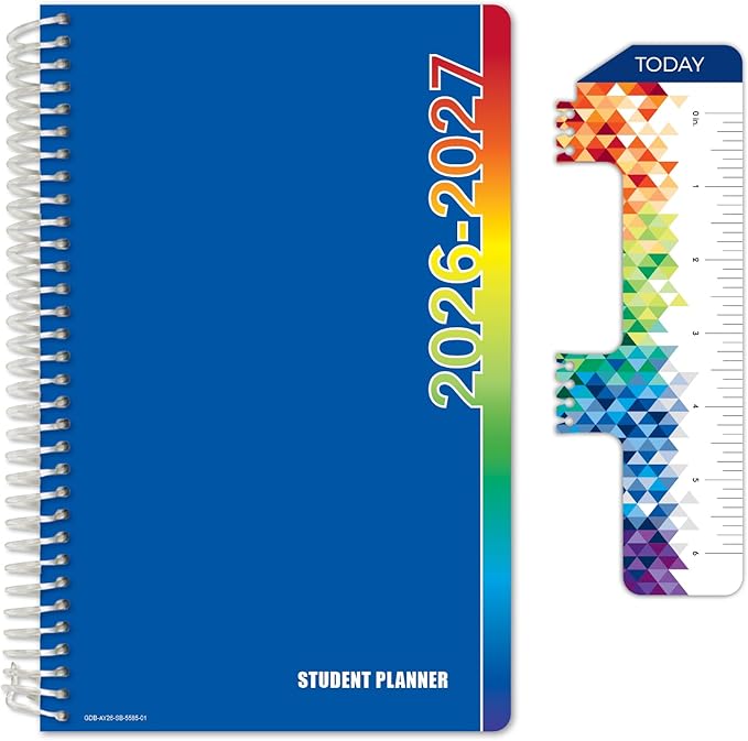 Global Datebooks 2026-2027 Middle & High School Student Planner 5.5" x 8.5" - Dated Weekly & Monthly Academic Planner with Ruler/Bookmark & Stickers, Ideal for Homework, Block Style, Blue Colors