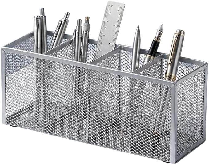 Metal Pen Holder, Pencil Holder 4 Compartments, Mesh Pen Storage Pencil Organizer Cup Makeup Brush Holder for Office Desk Accessories, Silver