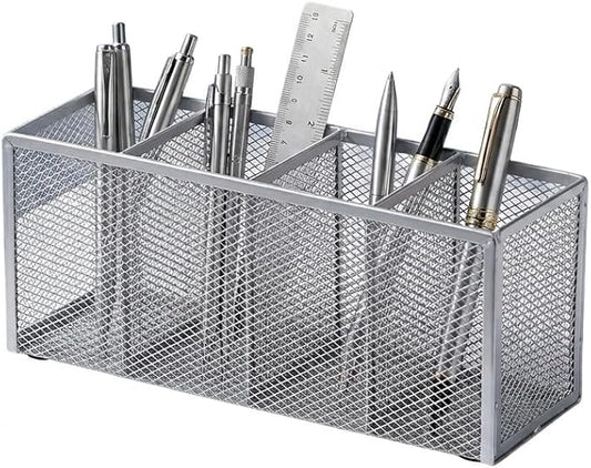Metal Pen Holder, Pencil Holder 4 Compartments, Mesh Pen Storage Pencil Organizer Cup Makeup Brush Holder for Office Desk Accessories, Silver