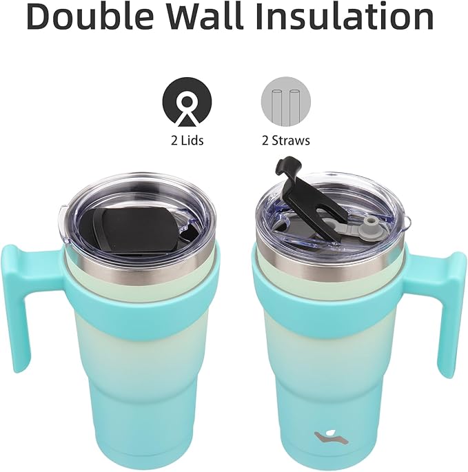 Konokyo 20 oz Tumbler with Handle and 2 Straw 2 Lid, Insulated Water Bottle Stainless Steel Vacuum Cup Reusable Travel Mug, Mint