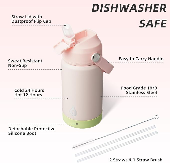 BJPKPK 12oz Insulated Water Bottle, Stainless Steel Bottle with Straw Lid | Soft Silicone Nozzle, Keep Cold & Hot, Leak-Proof BPA-Free Metal Bottle with Flex Handle for Travel, Gym & Everyday Hydration
