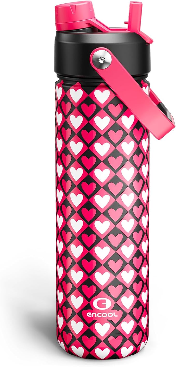 ENCOOL Insulated Water Bottle with Straw Stainless Steel Water Bottle, Leak-Proof, BPA-Free, Keeps Cold for 24 Hours for Sports, Travel, School (26 oz, Bold Hearts Mono x Red)