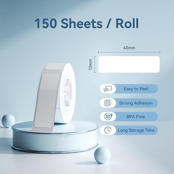 NIIMBOT Thermal Transfer Labels 0.47''x1.57'', Only for N1(B18) Label Maker | 12mmx40mm, 150 Labels/Roll, PET Material, Waterproof and High-Temperature Resistance, Long Storage Time, White