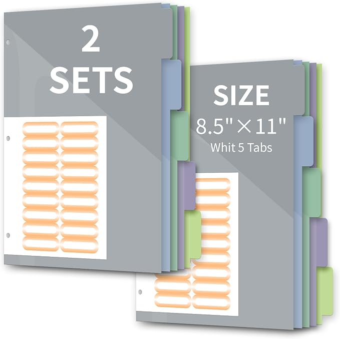 Pocket Plastic Dividers, 5 Tab Set, 10 Count (Pack of 2), Letter Size(8.5"x11"), Morandi Color