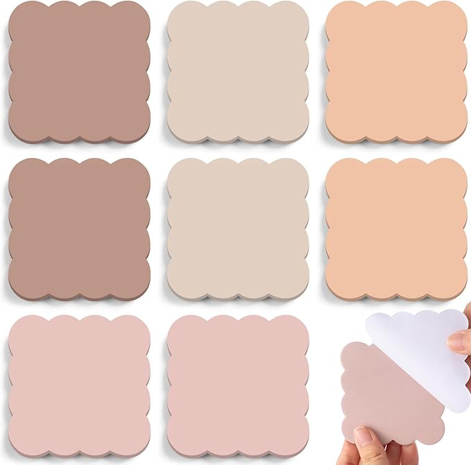Eaasty 8 Pack Scalloped Aesthetic Sticky Notes Bulk Brown Colors Cute Wavy Self Sticky Note Pads 3" x 3" Blank Note Pads for Back to School Office Supplies 240 Sheets