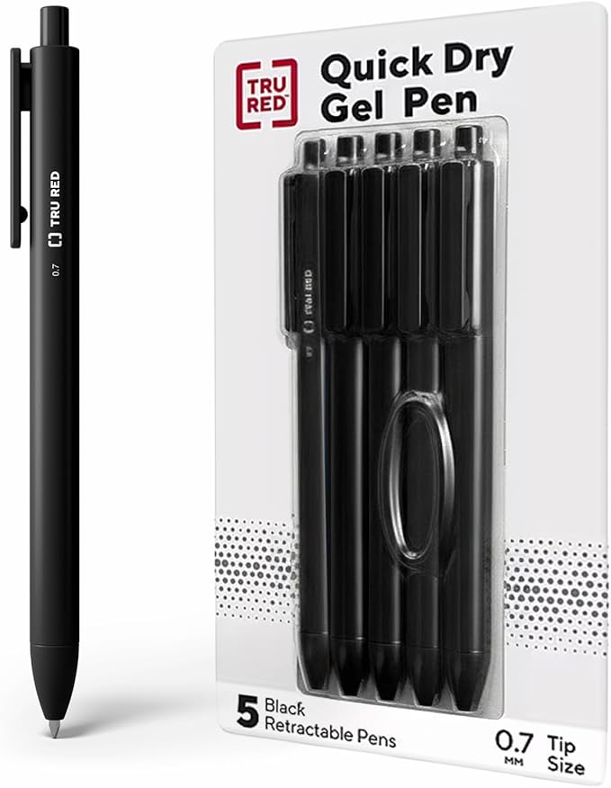 TRU RED Retractable Gel Pens, Medium Point 0.7mm, Black Ink, 5 Pack – Quick‑Dry Pens for No‑Smear Notes & Office Writing