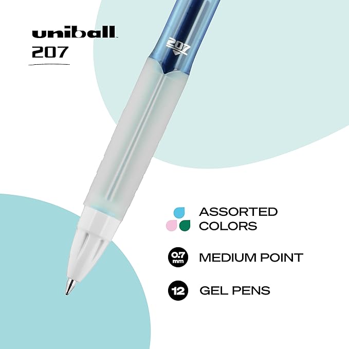 uniball 207 Fashion Retractable Gel Pens, Medium Point (0.7mm), Assorted, 12 Pack