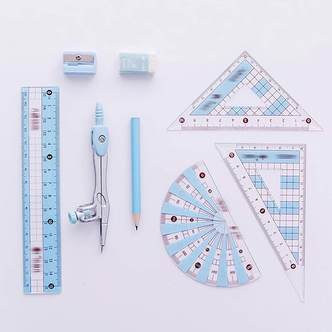 LABANCA 8 Pcs Compass Set with Protractor Rulers Pencil for Math Geometry (X-Blue)