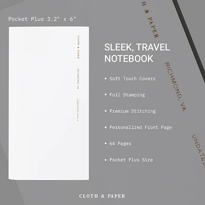 Cloth & Paper Travel Notebook | Undated Daily Planner – Leche | Pocket Plus Daily Planner 3.2" x 6" | Productivity Planner with Schedule, Priorities, Task Layout for Daily Planning – Soft Touch Cover