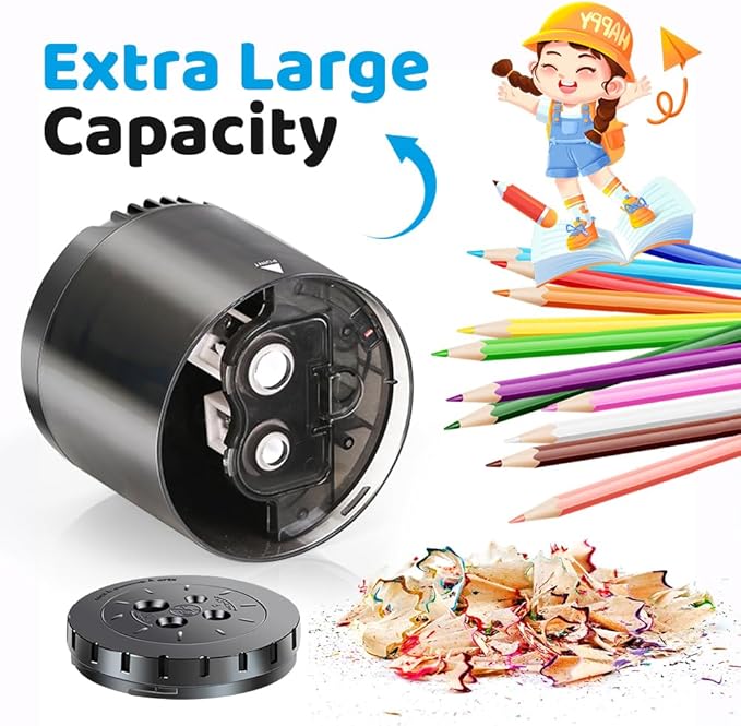Heavy-Duty Electric Pencil Sharpener USB and Battery Power 4 Replacement Blades 4-Hole Adjustable for 6-12mm Art Pencils Large Capacity Automatic Pencil Sharpeners Black