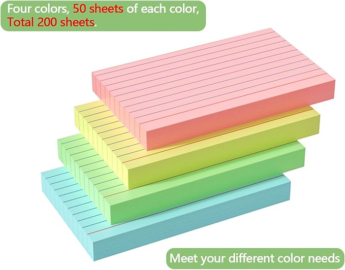 Colored Index Cards 3x5, 200 Pack, 180gsm Heavy Ruled Index Cards, Flash Cards for Studying, Heavy Note Cards for Office, College, Home Organization and School, 4 Color (50 Sheets Each)