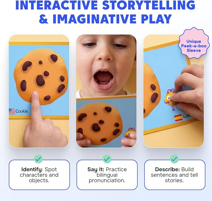 Kidrox 100 First Words Flash Cards for Toddlers, English with Spanish Learning Cards, Preschool Vocabulary & Speech Development Toy with Peek-a-Boo Sleeve for Memory Enhancement & Pattern Recognition