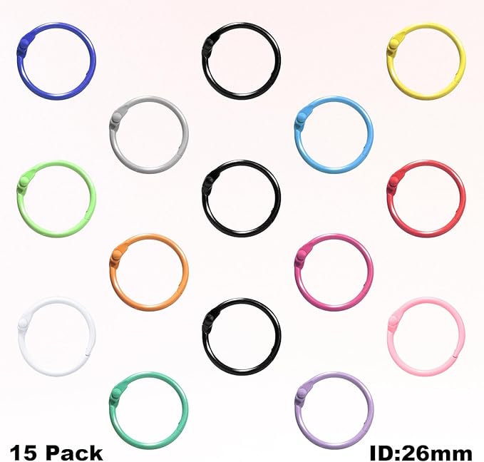 15 Pack 1 Inch Office Book Rings Binder Metal Paper Binding Ring Small Flash Card Rings Key Chain Clip for Index Card, School, Keychain, Keyrings, Assorted Color, 25mm
