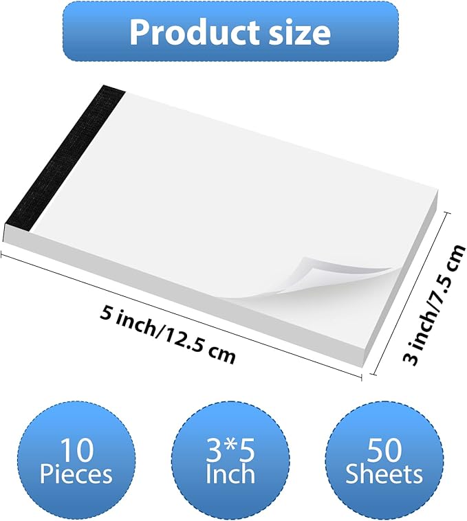 10 Pack Blank Notepad Ruled for Work 50 Sheets Study Servers Daily Planning Small Notepad 3x5 Inch Note Pads Refills Notes Memo Pads White Paper Pads Writing Pads Scratch Note Pad for Office Supplies
