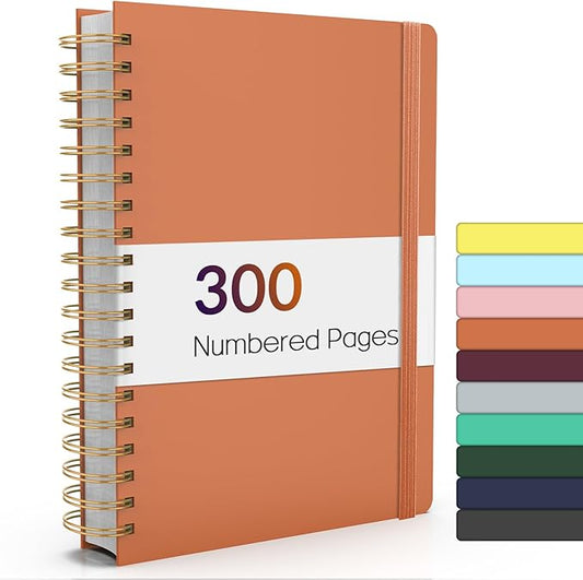 Forvencer A4 Lined Spiral Journal Notebook with 300 Numbered Pages, 11" X 8.5" Thick Journals for Writing with 100GSM Paper, Hardcover Notebooks with Contents for Work, School, Orange