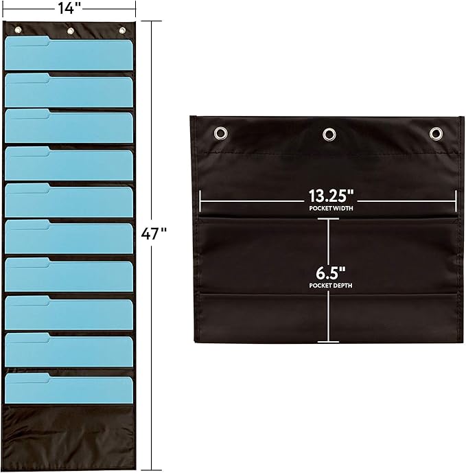 IMPRESA Deep File Pocket Chart - 47 x 14 in, Black - 2-Pack 20-Pocket Chart for Classroom Folders - Reinforced Grommets & Wall File Holder for Teachers