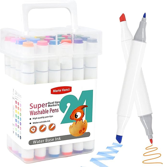 Marte Vanci Washable Markers for Kids, 24 Colors Dual Tip Markers with Carrying Case, Coloring Pens, Kids Marker Set for Coloring, School Art Supplies for Boys Girls