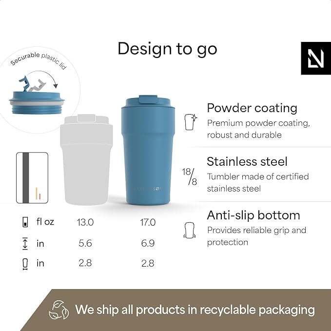 LARS NYSØM Thermo Coffee Mug to go 17oz | Travel Mug 0.5 Liter with Insulation | Silicone grip base | Leak Proof Stainless Steel Tumbler for Coffee and Tea on the Go (Powder Calypso Blue, 17oz)