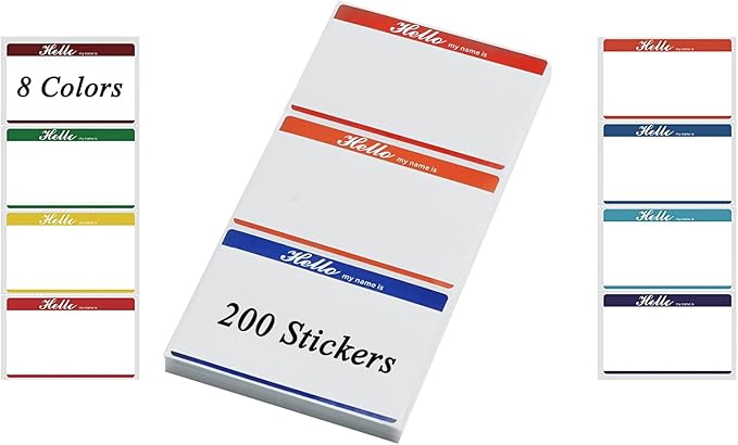 Sticky Name Tags Stickers Colorful Hello Border All Purpose Labels - 200 Stickers, Strong Adhesive (3.5 x 2.25 inch)
